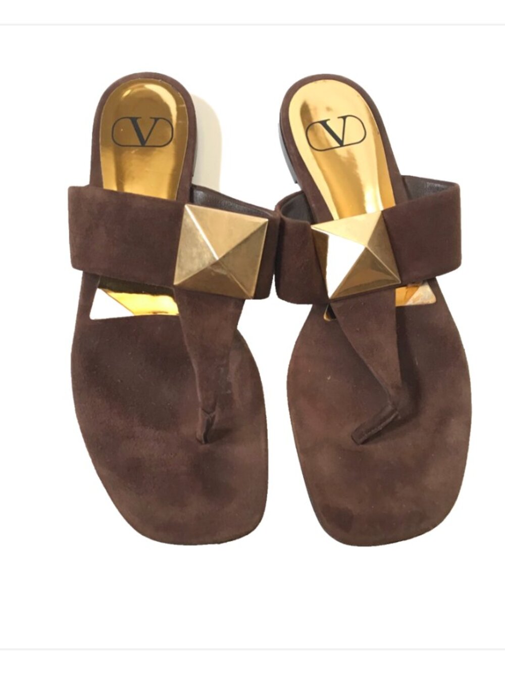 Valentino Garavani One Stud Flat Thong Sandals Womens 39.5 9 Brown Suede Gold - Picture 11 of 11